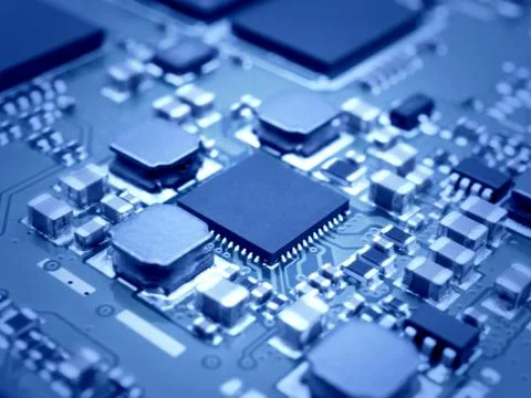 Microprocessor on electronic circuit board Stock Photos