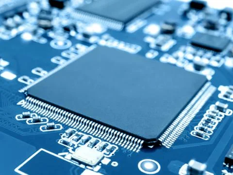 Microprocessor on electronic circuit board Stock Photos