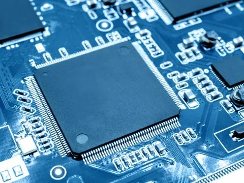 Microprocessor on electronic circuit board Stock Photos