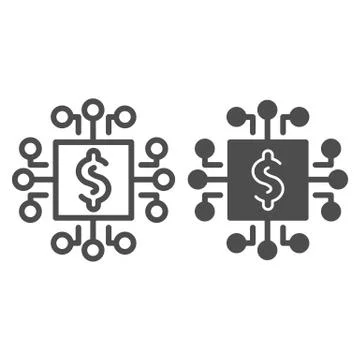 Microprocessor line and solid icon. Processor chip with dollar symbol, outline Stockillustratie