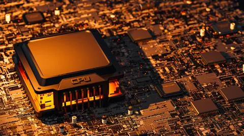 Microprocessor or cpu with high heat and an orange light shone from the side. Stock Illustration