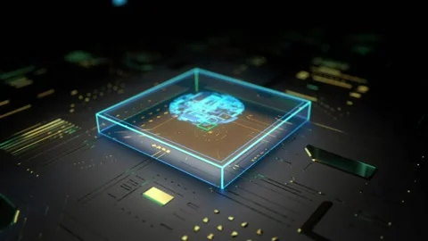 Microprocessor placed on a flat pc platform with blue squares moving from it Stock Footage 160463624