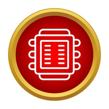 Microprocessor symbol on a round red button with a golden border Illustrazione stock