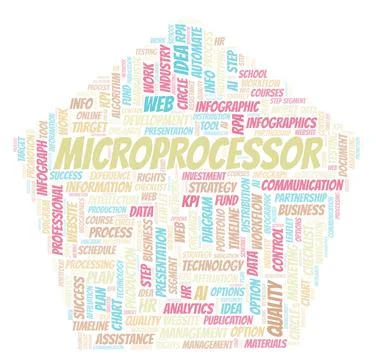 Microprocessor typography word cloud create with the text only. Illustrazione stock
