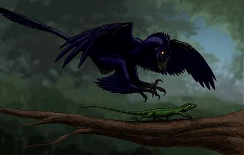 Microraptor hunting a small lizard on a tree branch. Stock Illustration