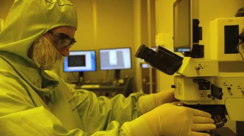 Microscope adjustment in a clean room Stock Footage 61003268