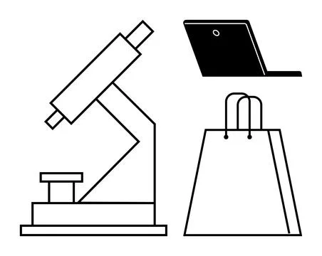 Microscope alongside a laptop and a shopping bag. Ideal for educational, tech Stock Illustration