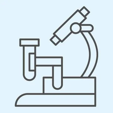 Microscope with analysis flask thin line icon. Laboratory equipment outline Illustrazione stock