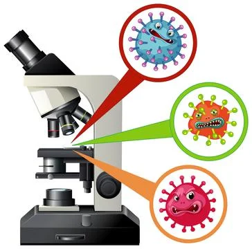 Microscope Analyzing Colorful Cartoon Virus Cells Stock Illustration