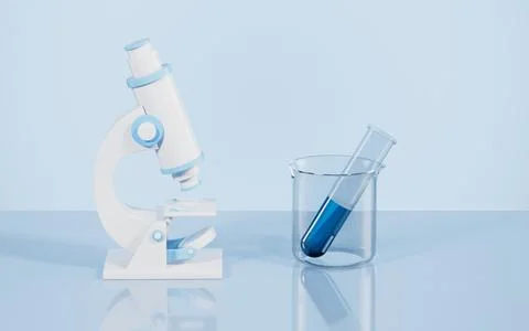 Microscope and beaker with tube in the lab, 3d rendering. 스톡 일러스트