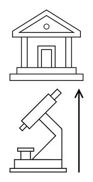 Microscope and building connected by upward arrow. Ideal for education, scien Ilustración de archivo