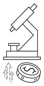 Microscope and Coin with Upward Arrows Representing Financial Growth in Sci.. Stockillustratie