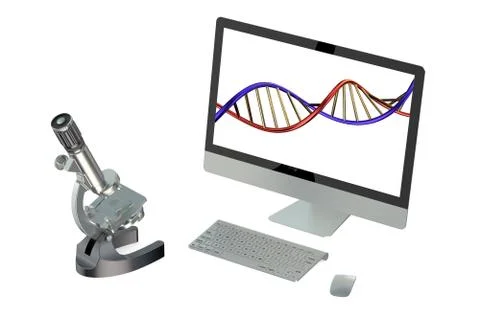 Microscope and computer isolated on white background Stock Illustration