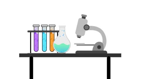 A microscope and glass test tubes with bubbling colorful liquids Stock Footage 335668003