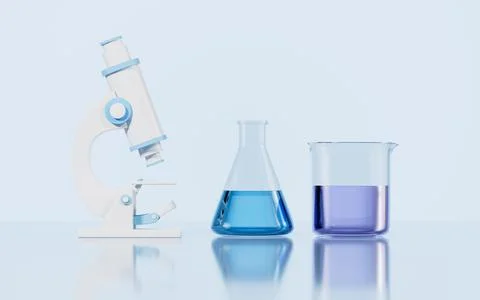 Microscope and glassware on the desk in the lab, 3d rendering. Stock Illustration