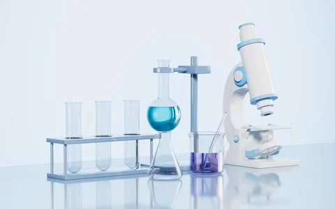 Microscope and glassware on the desk in the lab, 3d rendering. Stock Illustration