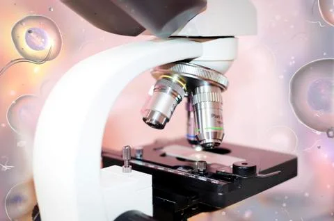 Microscope and human cells, illustration Stock Illustration