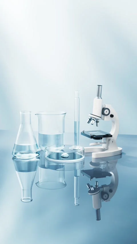 Microscope and laboratory glassware with clear liquid on reflective surface Stock-Footage 327248277