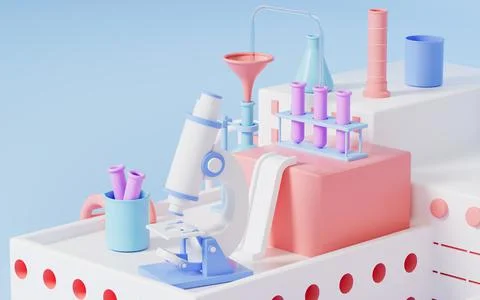 Microscope and other chemical experimental equipment on the stage, 3d renderi Stock Illustration