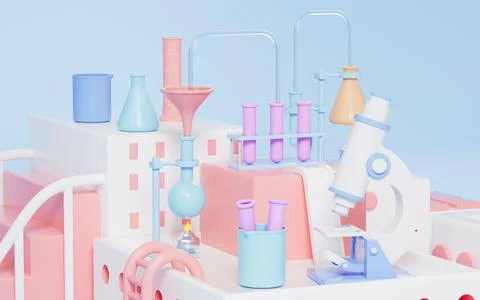 Microscope and other chemical experimental equipment on the stage, 3d renderi 스톡 일러스트
