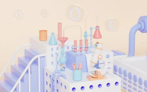 Microscope and other chemical experimental equipment on the stage, 3d renderi Stock Illustration