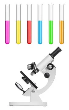 Microscope and a set of glass laboratory test tubes with liquids of different Stock Illustration