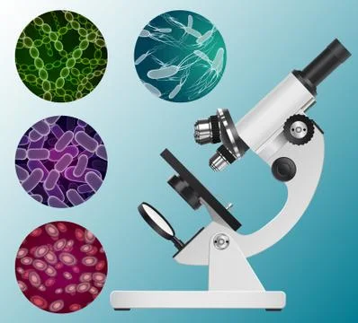 Microscope and a set of images of different biological forms. Vector . Stock Illustration