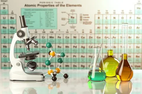 Microscope and test glass flasks and tubes with colored solutions on the peri 스톡 일러스트