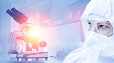 Microscope and test tubes on the background of the laboratory. Foto stock