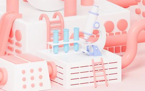 Microscope and test tubes with lab background, 3d rendering. Illustrazione stock