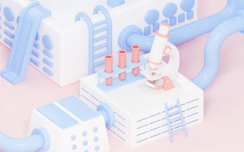 Microscope and test tubes with lab background, 3d rendering. Illustrazione stock