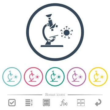 Microscope and virus flat color icons in round outlines Stock Illustration