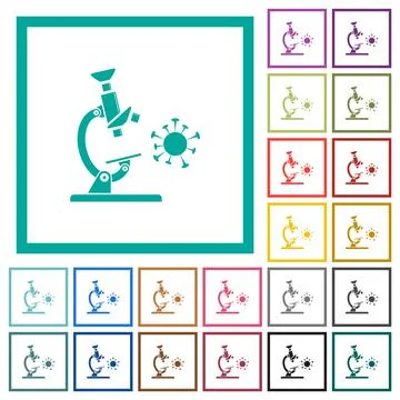 Microscope and virus flat color icons with quadrant frames Stock Illustration