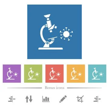 Microscope and virus flat white icons in square backgrounds 스톡 일러스트