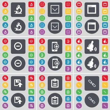 Microscope, Arrow down, Window, Minus, Smartphone, Bell, Floppy, icon symbol. A 스톡 일러스트