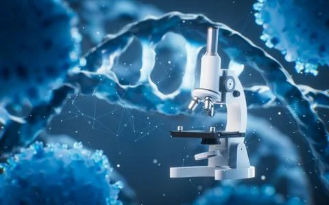 Microscope with biological DNA background, 3d rendering. Stock Illustration