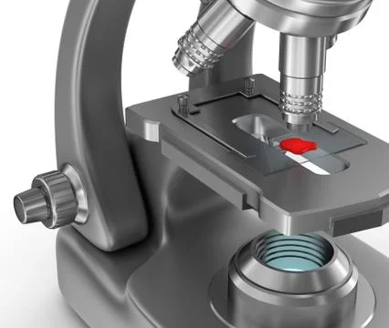 Microscope with a blood sample on a glass slide. 3D illustration Stock Illustration