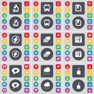 Microscope, Bus, File, Flash, Gallery, Plus one, Chat bubble, Cloud, Flag tower Stock Illustration