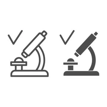 Microscope with checkmark line and solid icon, coronavirus vaccine testing Stock Illustration