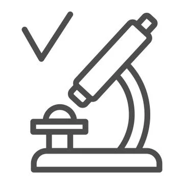 Microscope with checkmark line icon, coronavirus vaccine testing concept Stock Illustration