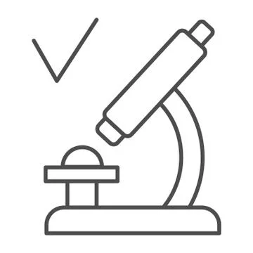 Microscope with checkmark thin line icon, coronavirus vaccine testing concept Stock Illustration