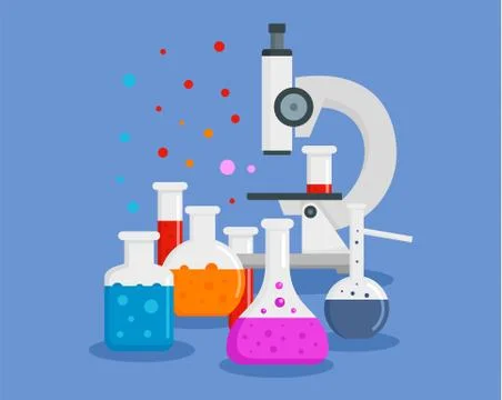 Microscope chemical flask concept background, flat style Illustrazione stock