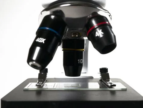 Microscope close-up. Examination of a micro sample on a glass slide. Animatio Stock Photos