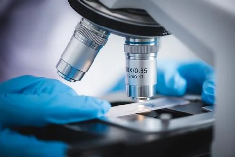 Microscope close-up in laboratory, science research concept Photos