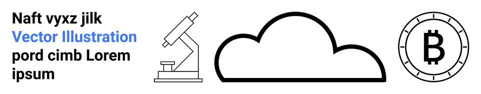 Microscope, cloud, and Bitcoin symbol in minimal line art style. Ideal for sc Stock Illustration