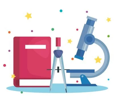 Microscope with compass pencil and book suppies Stock Illustration