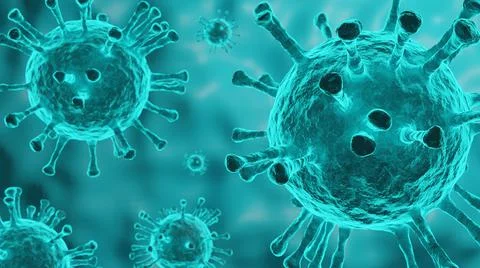 Microscope of Coronavirus disease. Cyan COVID-19. Pandemic medical concept. 3 Stock Illustration