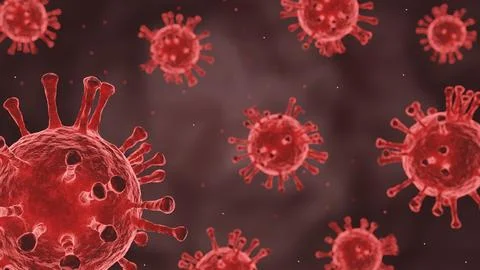Microscope of Coronavirus disease. Red COVID-19. Pandemic medical concept. .. Stock Illustration
