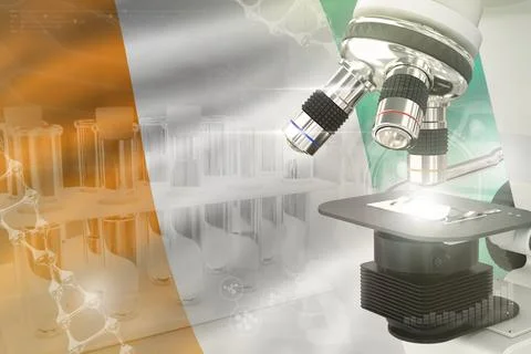 Microscope on Cote d Ivoire flag - science development digital background Stock Illustration
