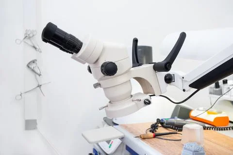 Microscope in a dental laboratory, a technician's workplace in a dental Stock Photos